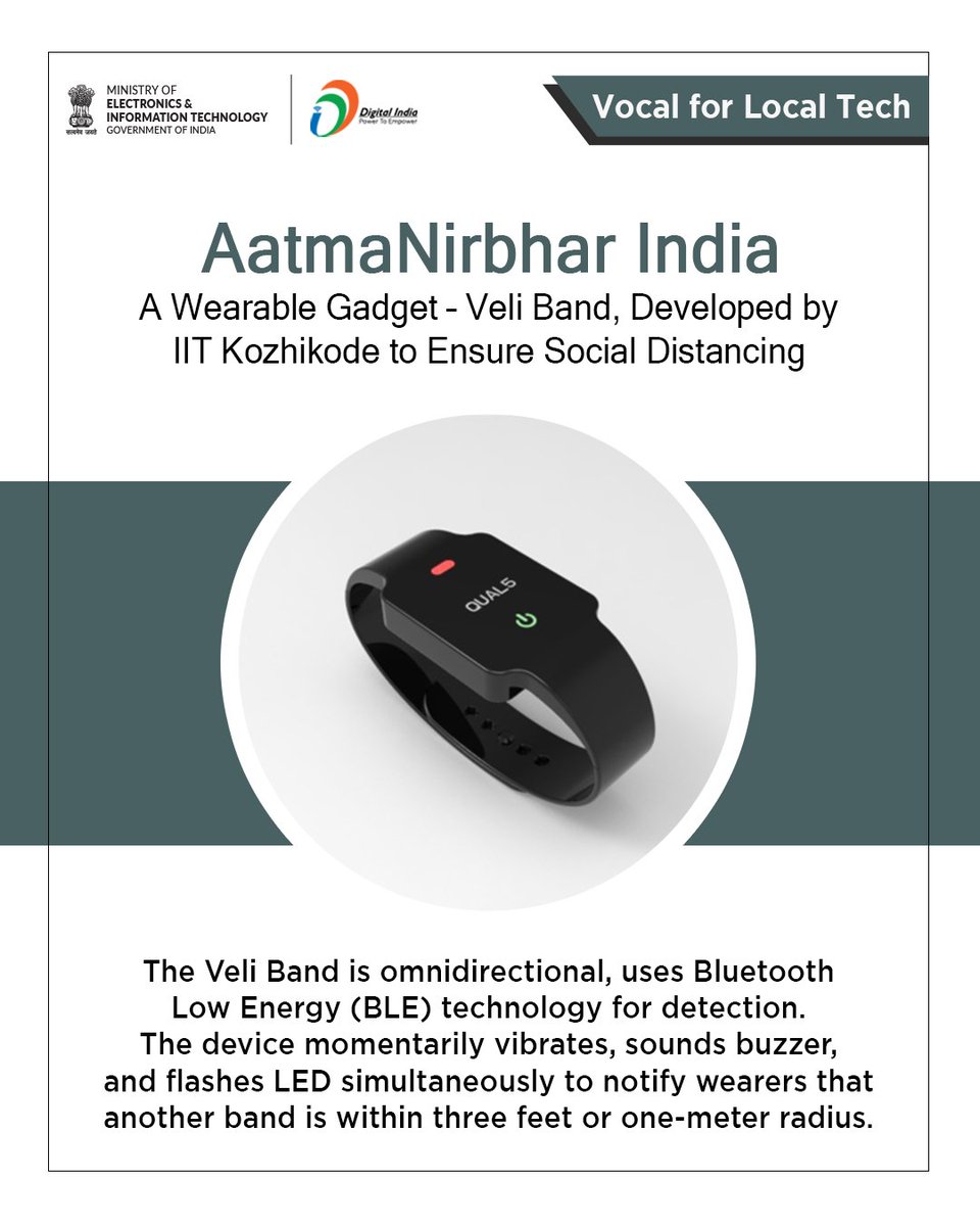 _DigitalIndia's tweet photo. #VocalForLocalTech | The wearable gadget 'Veli Band', developed by @IIMKozhikode aims to help in implementing social distancing and contact tracing which will further help organizations in complying with social distancing norms during the pandemic. https://t.co/IykzNRd7Bl