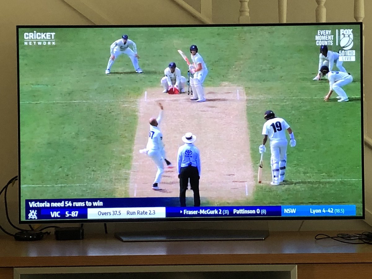 malcolmconn's tweet photo. How good is #SheffieldShield with Test players on the big screen! Super tight finish between ⁦@CricketNSWBlues⁩ and ⁦@VicStateCricket⁩ coming up! ⁦@NathLyon421⁩ already has 10 wickets for the match. ⁦@FoxCricket⁩ ⁦@kayosports⁩ https://t.co/WXOIJn7pNe