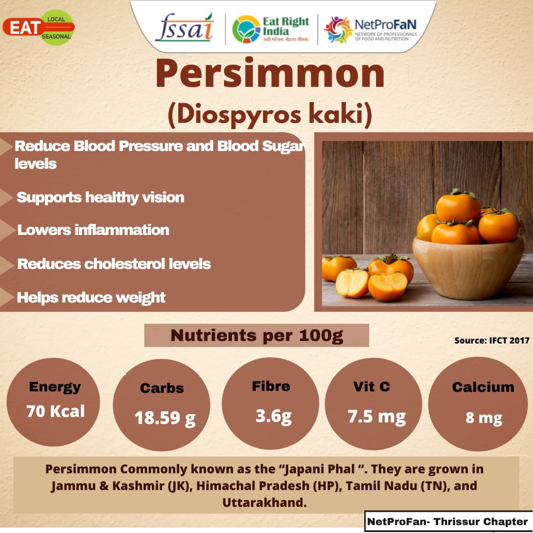 fssaiindia's tweet photo. Heath benefits of #Persimmon

#EatLocal #EatSeasonal #NetProFaN 
@mygovindia @MoHFW_INDIA @PIB_India @MIB_India https://t.co/SvIfpgQYpa