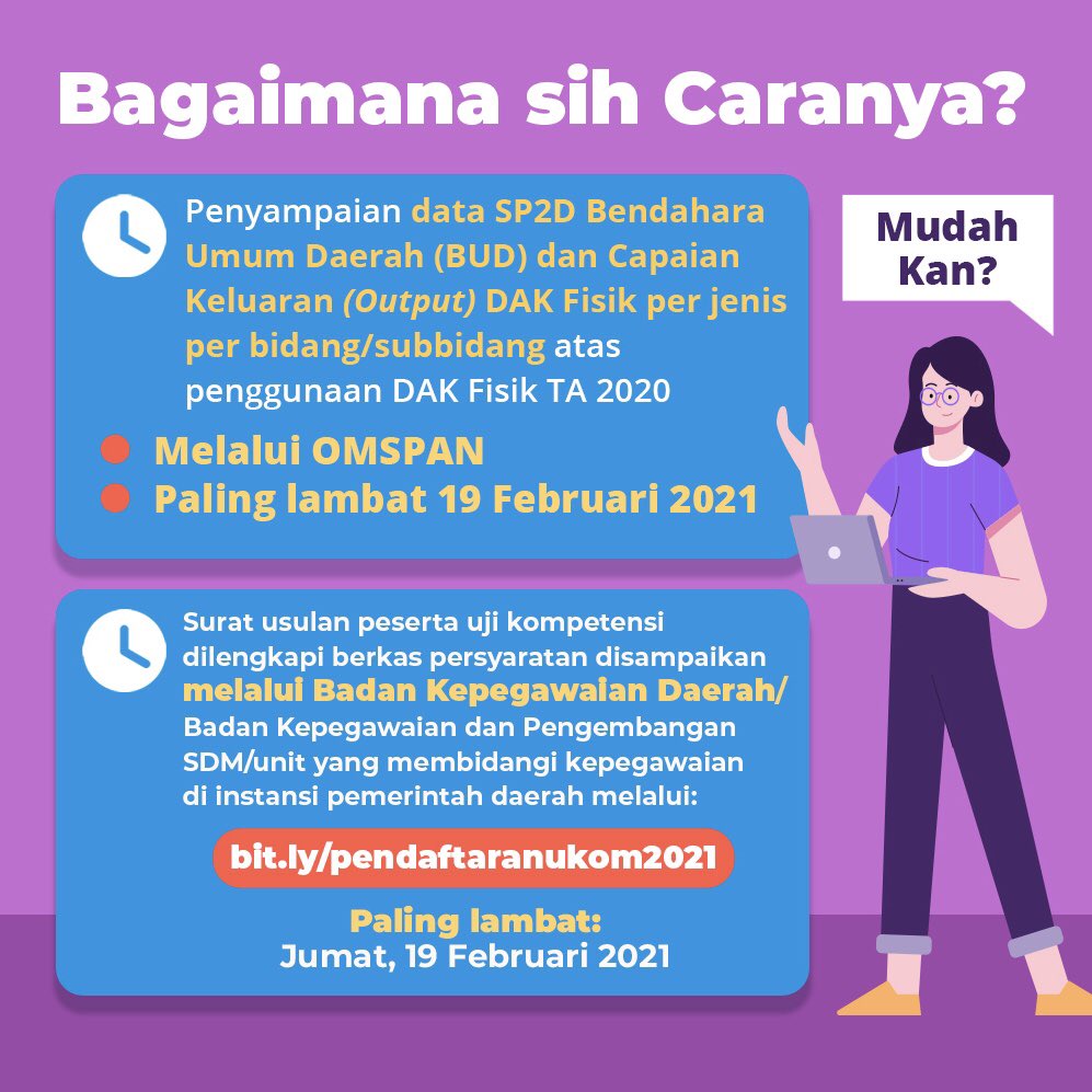 DitjenPK's tweet photo. Halo #MitraDJPK, #MinPeka mau mengingatkan aja kalau hari ini Jumat, 19 Februari 2021 adalah batas akhir untuk penyampaian:
- Perbaikan Data Realisasi Penyerapan Dana dan Capaian Keluaran (Output) DAK Fisik TA 2020
- Usulan mengikuti Uji Kompetensi JF AKPD https://t.co/i0RjWlc8vy