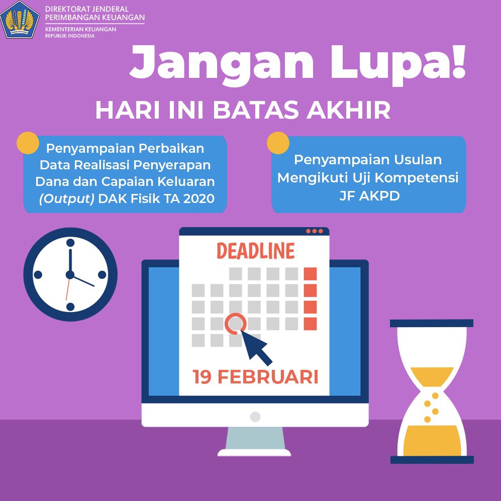 DitjenPK's tweet photo. Halo #MitraDJPK, #MinPeka mau mengingatkan aja kalau hari ini Jumat, 19 Februari 2021 adalah batas akhir untuk penyampaian:
- Perbaikan Data Realisasi Penyerapan Dana dan Capaian Keluaran (Output) DAK Fisik TA 2020
- Usulan mengikuti Uji Kompetensi JF AKPD https://t.co/i0RjWlc8vy