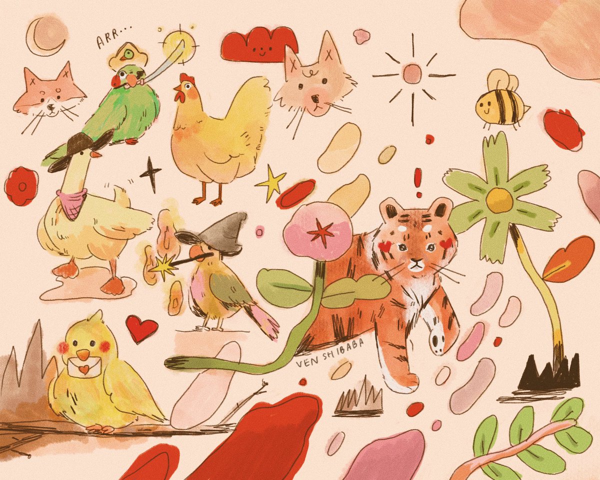 just having fun digitising my sketchbook spread! 🦜🍊🌼🌷🍒🌻🌿🍃🔥☄️🌸 