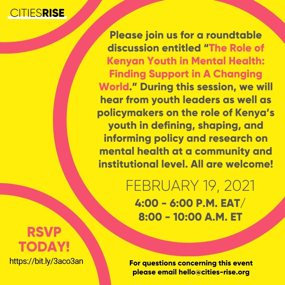 Immaculate Karanja (@immaculatekara2) on Twitter photo Youths are the most affected by mental health issues, but how often are their voices heard? Looking forward to this amazing discussion organized by .<a href="/citiesRISE/">citiesRISE</a> as we discuss the role of Kenyan youth in Mental Health .<a href="/afyakili/">Afyakili</a> .<a href="/Alfajiri5/">Alfajiri</a> .<a href="/2bonge/">Tubonge Kenya</a> .<a href="/ConcernMental/">Mental Health Concern Kenya</a> @ka_dem_yvonne Youths are the most affected by mental health issues, but how often are their voices heard? Looking forward to this amazing discussion organized by .<a href="/citiesRISE/">citiesRISE</a> as we discuss the role of Kenyan youth in Mental Health .<a href="/afyakili/">Afyakili</a> .<a href="/Alfajiri5/">Alfajiri</a> .<a href="/2bonge/">Tubonge Kenya</a> .<a href="/ConcernMental/">Mental Health Concern Kenya</a> @ka_dem_yvonne