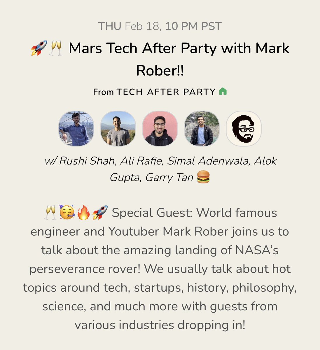 garrytan's tweet photo. Last minute surprise guest today for Tech Afterparty on Clubhouse: @MarkRober, legendary YouTuber!

On live at 10PM Pacific tonight

https://t.co/x4x1t6MLUH https://t.co/nuCspOHe08