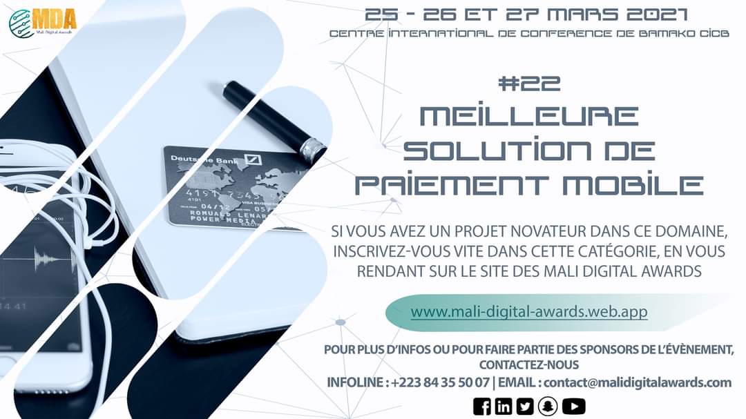 AwardsMali's tweet photo. Le paiement mobile s'incruste de plus en plus dans les habitudes de la population malienne. Vous avez une innovation qui s'y rapporte? Postulez dans la Catégorie “Meilleure solution de paiement mobile” ici : https://t.co/93NumbrqHu
#MDA2021 #MobileMoney #Tech
#Twitter223 https://t.co/bg9IaL8fBb