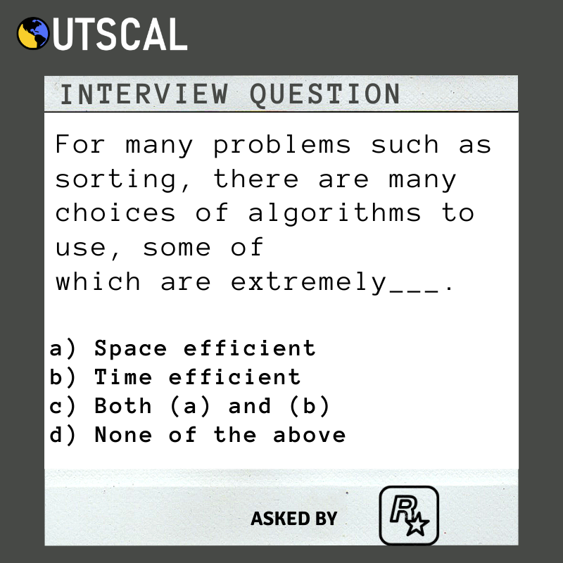 outscal's tweet photo. Do you have the answer if Rockstar games asked you this in their interview?
Drop your answer here
#outscal #coding #interview #interviewprep #gamedev #rockstar #rockstargames #gtav https://t.co/le0r2O8Gas