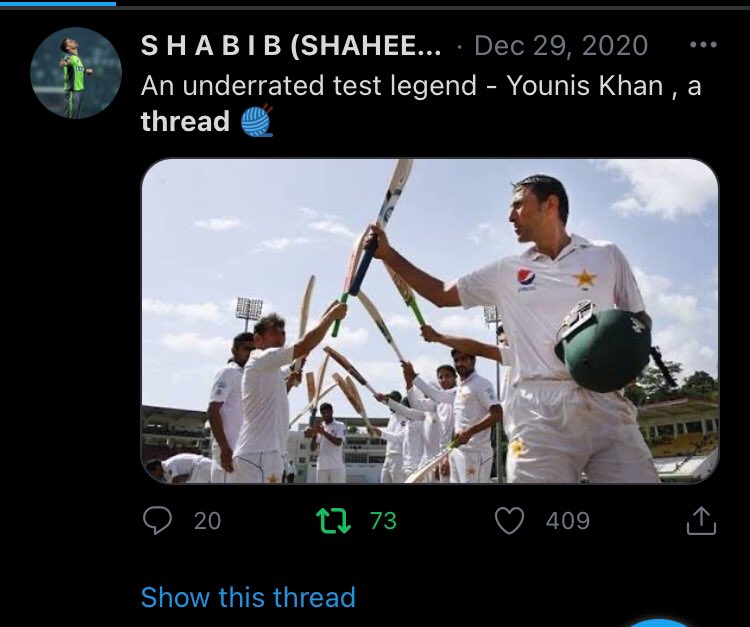 His initial name (shaheen) on twitter made it crystal clear that he was a Shaheen Afridi super fan.He set off on his amazing journey of cricket threads on the 29th of December 2020, when he posted tge brilliant thread on Younis Khan, a fine tribute to a legend.