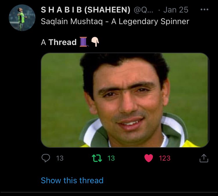 Then Shabib’s fans had to wait days for his next thread, and it was worth the wait as it was on Pakistan’s spin legend Mushtaq Ahmed, the thread was superb.