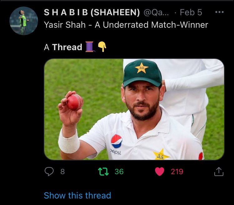 His latest and seventh thread was on Pakistan’s test match winner, the magician Yasir Shah, the thread was magical just like shah’s bowling.