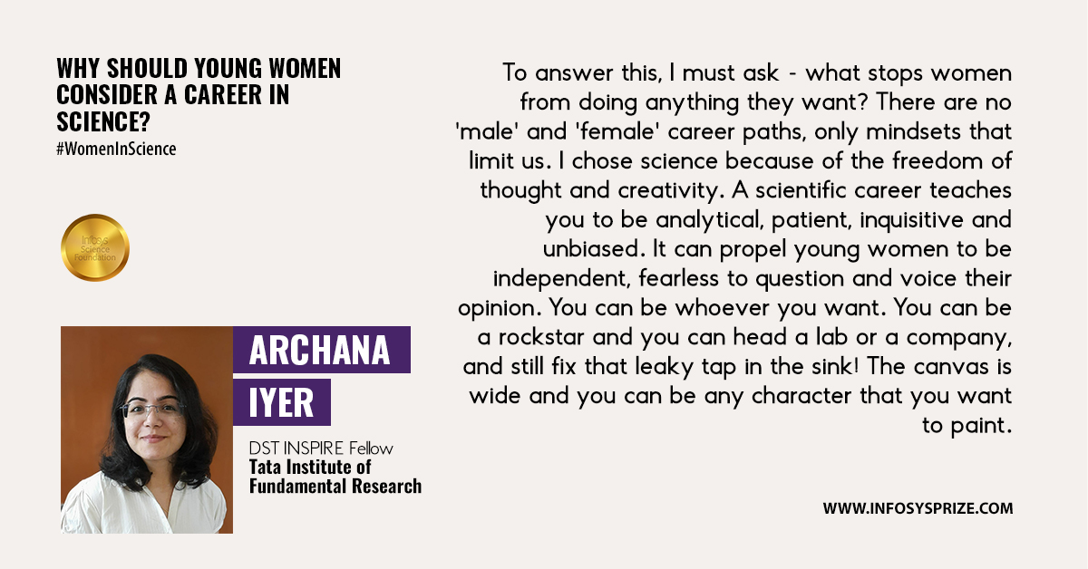 "Science can propel young women to be independent, fearless to question &amp; voice their opinion. You can be whoever you want." - Dr. Archana Iyer, <a href="/Arch_eee/">Archana I</a>, when asked - "Why should young women consider a career in science?"
<a href="/shubhatole/">Shubha Tole (she/her)</a> <a href="/TIFRScience/">Tata Institute of Fundamental Research</a> 
#WomenInScience #WomenInSTEM