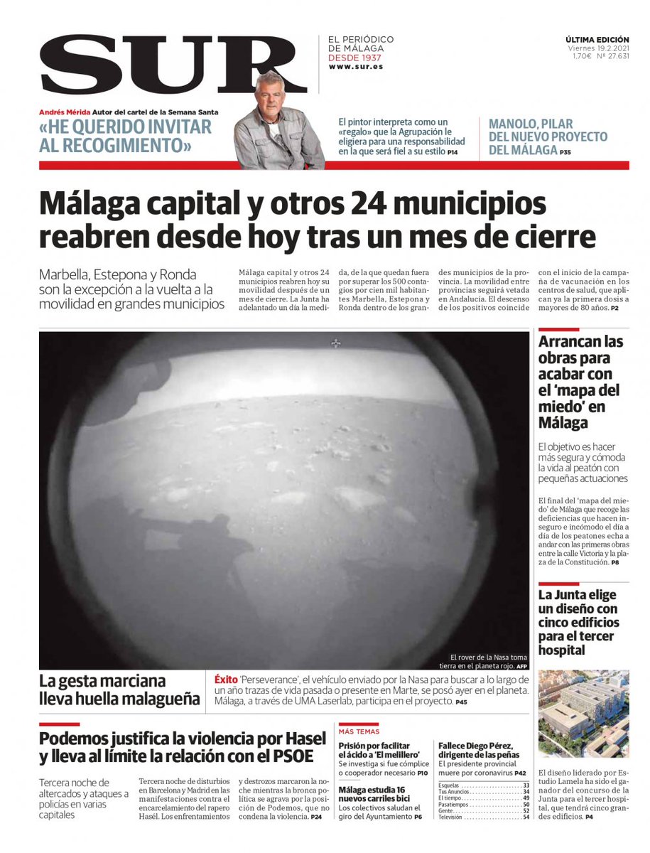 DiarioSUR's tweet photo. 📰 Buenos días. #PortadaSUR destaca que Málaga capital y otros 24 municipios reabren desde hoy tras un mes de cierre https://t.co/n5UakdOI1A https://t.co/3Gk0yQ4Mxt