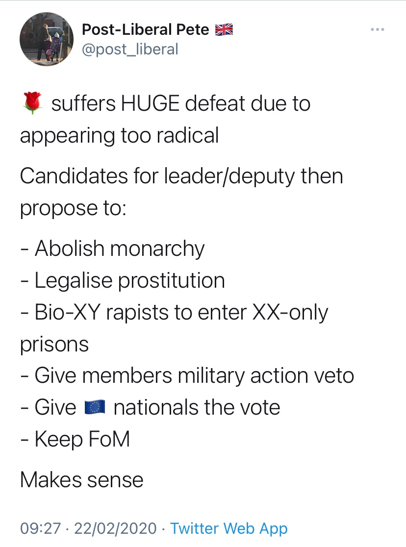Right-lib policy wonks mock the median voter by describing their politics as ‘we love our NHS, hang the pedo’s.’ But ultimately you don't win elections without appealing to the median voter, New Labour understood this, the Labour party of 2021 however? Im not so sure at times