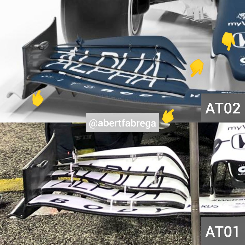 Comparaciones AT02 y AT01. Nuevo plano principal y cambios en punta morro y canales soportes ala delantera. También en ángulo inicio capaSome comparisons between AT02 and AT01. New front wing main plane profile with reviewed pylons chanels and nose tip. Different cape angle