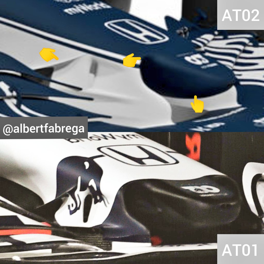 Comparaciones AT02 y AT01. Nuevo plano principal y cambios en punta morro y canales soportes ala delantera. También en ángulo inicio capaSome comparisons between AT02 and AT01. New front wing main plane profile with reviewed pylons chanels and nose tip. Different cape angle