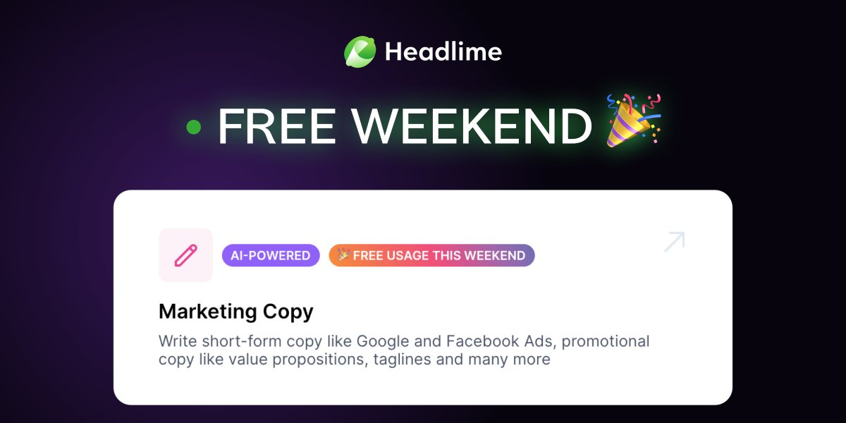 ⚡ <a href="/getheadlime/">Headlime</a> is FREE this weekend! 

No more excuses to not do marketing. Who of your friends needs to hear this? 👋

👉 headlime.com/?invite=NI1daA…

(Free for everyone until Sunday, or until I get a $1000 bill from <a href="/OpenAI/">OpenAI</a>)