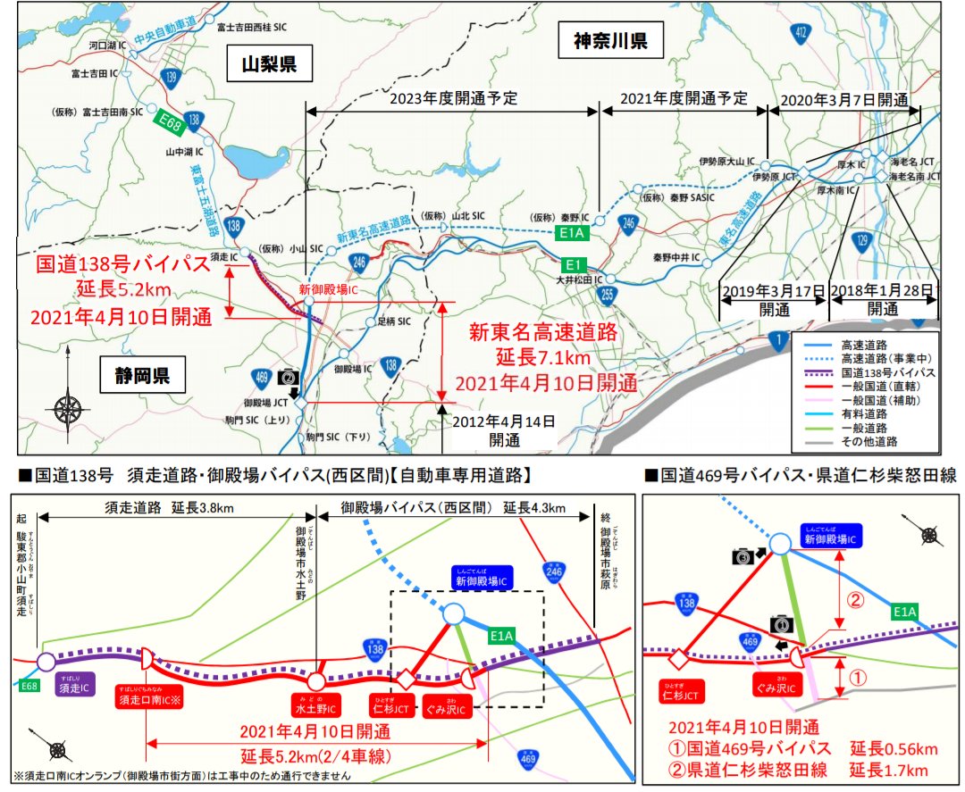 道路開通情報 リリースでた 新東名高速道路 新御殿場ic 御殿場jct 国道138号須走道路 須走口南ic 水土野ic 国道138号御殿場バイパス 西区間 水土野ic ぐみ沢ic 国道469号バイパス 県道仁杉柴怒田線が 21年4月10日 土 に開通します