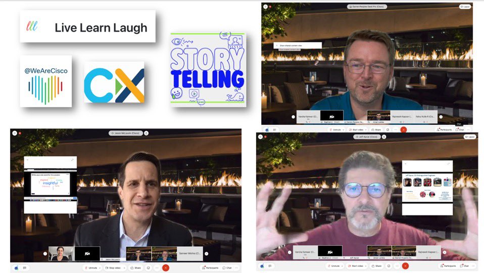 VarshaKanwar's tweet photo. Perfect #FriYaY 🎉 wrap to the week with #CiscoCX APJC #LiveLearnLaugh team organized ‘The Art of Storytelling’ with Jeff Apcar, Darren Peoples and Jason McLaurin. Great job 👏🏽 👏🏽 moderating this learning session @amanlamba and @rahulkolle. #WeAreCisco #LoveWhereYouWork https://t.co/4biaFI9UYT