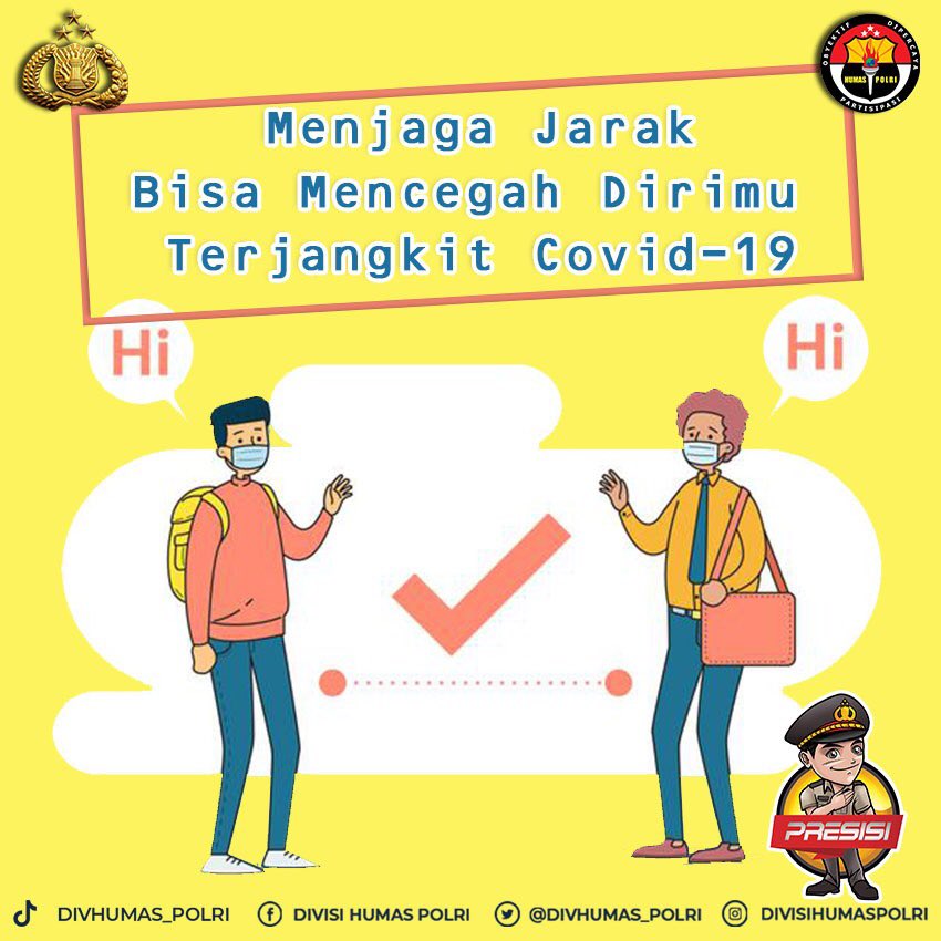 polsekjambitim1's tweet photo. Menjaga Jarak Bisa Mencegah Dirimu Terjangkit Covid-19

Yuk, kita jangan lupa untuk selalu menjaga jarak dari orang lain ya! Dengan menjaga jarak, bisa mencegah kamu terjangkit Covid-19

#DisiplinPatuhiProkes
Bersama Polri Cegah Covid https://t.co/TQuC3zAmwY