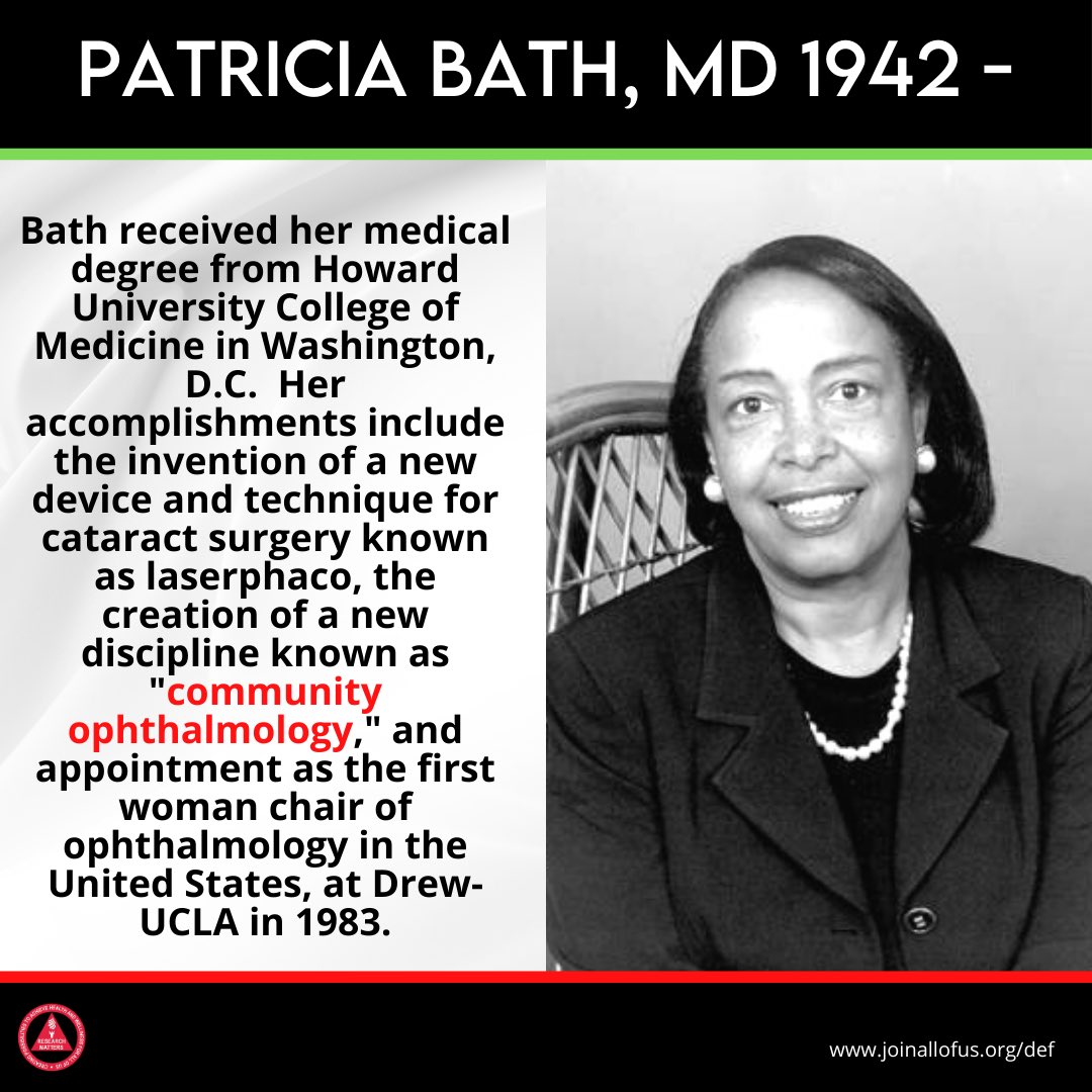 DREF_RsrchMtrs's tweet photo. As we celebrate #BlackHistoryMonth and continue to spread the word about health and research, we want to celebrate incredible black pioneers in the STEM field. Today we celebrate Patricia Bath who invented a device and technique for cataract surgery.
#JoinAllofUs #dref1967 https://t.co/oWDtaGDwel
