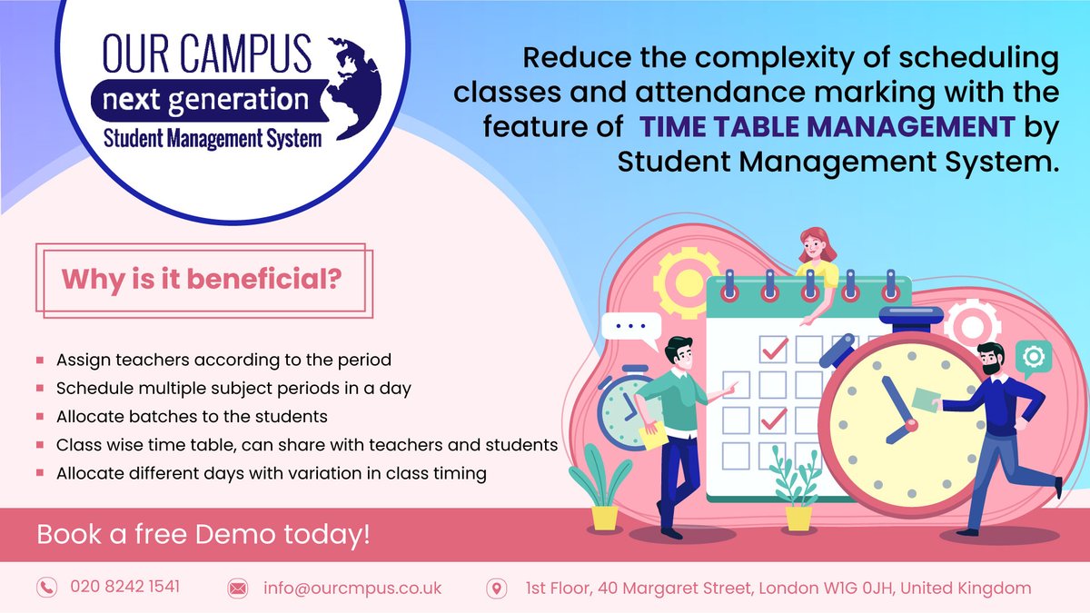 Time Table Management System - Our Campus
Visit website: ourcampus.co.uk/features

#timetablemanagementsystem #studentmanagementsystem #classroommanagementsystem #collegemanagementsystem #schooladministrationsystem #schoolmanagementsoftware #ourcampus #london #uk