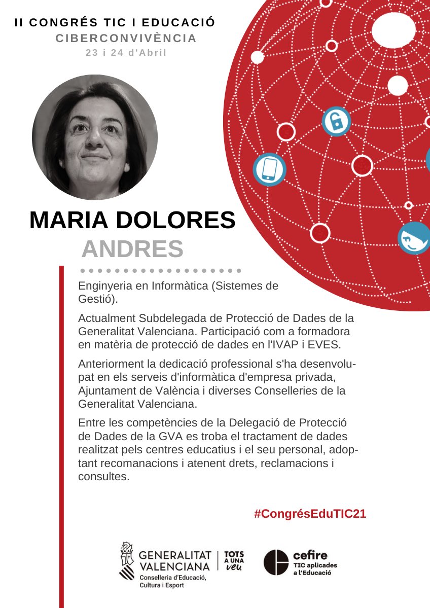 CEFIREambitCDD's tweet photo. Al #CongrésEduTIC21 es desenvoluparan tallers diversos.

🗓Dissabte 24 d’abril
🙋🏻‍♂️🙋🏻‍♀️Talleristes: Joaquin Cañada i Mª Dolores Andrés
💻Temàtica: La protecció de dades a l’àmbit de l’educació

➡️Tota la INFO👇
https://t.co/6ndY7I4jHU

@GVAeducacio @GVA_Cefire #CONGRESSOSDÀMBIT2021 https://t.co/snkF2ca3f3