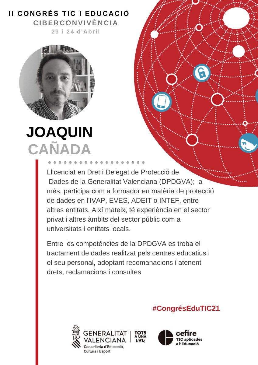 CEFIREambitCDD's tweet photo. Al #CongrésEduTIC21 es desenvoluparan tallers diversos.

🗓Dissabte 24 d’abril
🙋🏻‍♂️🙋🏻‍♀️Talleristes: Joaquin Cañada i Mª Dolores Andrés
💻Temàtica: La protecció de dades a l’àmbit de l’educació

➡️Tota la INFO👇
https://t.co/6ndY7I4jHU

@GVAeducacio @GVA_Cefire #CONGRESSOSDÀMBIT2021 https://t.co/snkF2ca3f3