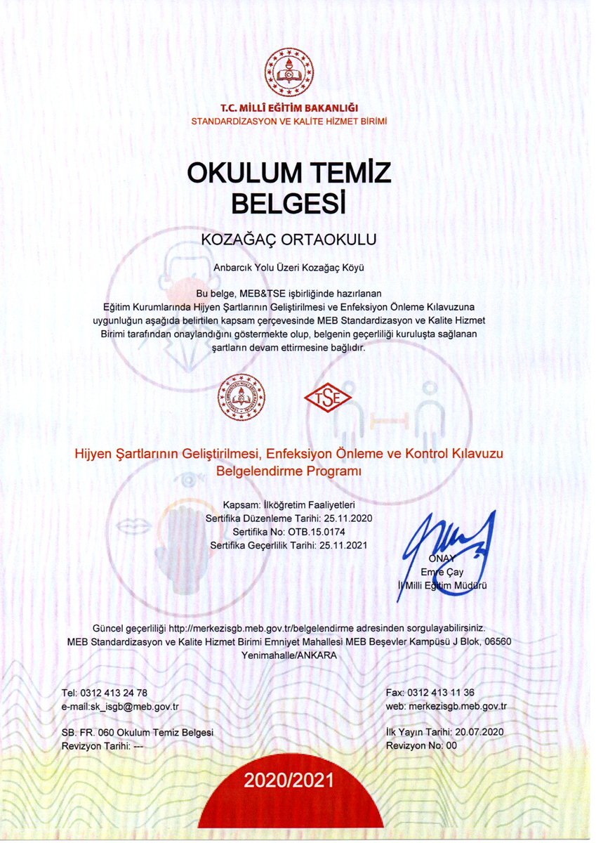 KozagacR's tweet photo. Okullarda hijyen şartlarının geliştirilmesi ve enfeksiyon önleme ve kontrol süreçlerinin tutarlı olması amacıyla sürdürülen "Okulum Temiz" programına başvuran ilkokulumuz ve ortaokulumuz  belge almaya hak kazandı.
Personellerimize özverili çalışmalarından dolayı teşekkür ederiz. https://t.co/0hnwgQWHlI