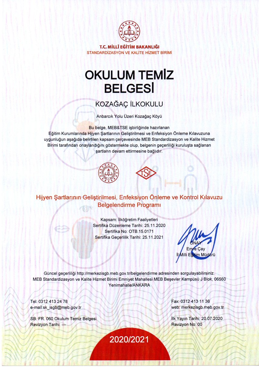 KozagacR's tweet photo. Okullarda hijyen şartlarının geliştirilmesi ve enfeksiyon önleme ve kontrol süreçlerinin tutarlı olması amacıyla sürdürülen "Okulum Temiz" programına başvuran ilkokulumuz ve ortaokulumuz  belge almaya hak kazandı.
Personellerimize özverili çalışmalarından dolayı teşekkür ederiz. https://t.co/0hnwgQWHlI