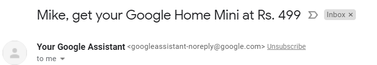 mikejrocha's tweet photo. Thank you #google but the mail had no info on how to get the #googlemini for Rs 499/-! #googleassistant https://t.co/ZTnrQHDsgd