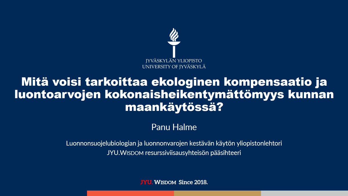PanuHalme's tweet photo. Taas mennään, käynnissä @FCG_Group vetämät Ympäristöjohdon päivät ja minulla rakas aihe, ekologinen kompensaatio kuntien maankäytössä. Kiinnostavaa on muukin kattaus, äänessä esimerkiksi @THaaranen ja @PaiviGR. @JYU_WISDOM @uniofjyvaskyla https://t.co/udllWgMQR6