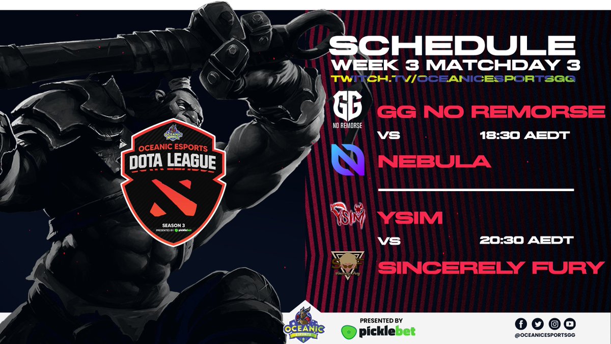 OceanicEsportGG's tweet photo. Friday Friday! ANZ Dota on Friday! 🙌

Watch the games LIVE now 👇👇
🔴📺 https://t.co/AP7EBGgQdF

🕡@TeamGGNR vs @TeamNebulaOCE
🕣#YSIM vs @SincerelyFury

🗣️🎙️ @DareDevilDota &amp; @flukedota3

#OEDL #dota2 #esports #ANZ https://t.co/rx2Fu5j2cn
