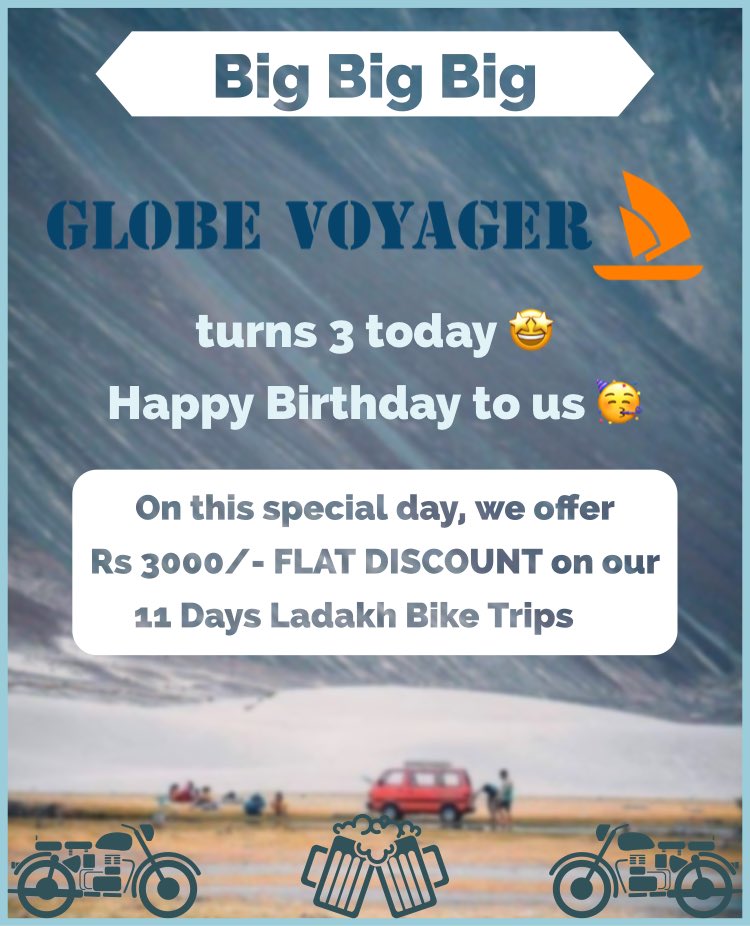 #HappyBirthday to us 🥳
Special offer as we turn 3 today 🤩

Special Discount Offer is valid until 28 Feb

#GlobeVoyager #India #PicOfTheDay #Travel #TravelBlogger #Blogger #Mountain #Ladakh #Adventure #Leh #TravelPhotography #LadakhBikeTrip #Himalaya #Photography #Bike #Roadtrip