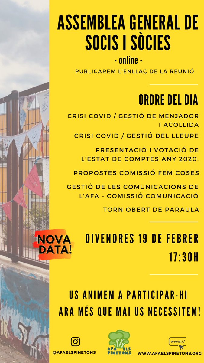 ⚠️Atenció famílies! Avui Assemblea General de Socis a les 17'30h! Serà telemàtica i les famílies sòcies haureu rebut l'enllaç per connectar-vos als vostre correu personal. Si no és així, envia'ns un mail  i te'l farem arribar. 

✅Ara més que mai us necessitem! 

+ aquí...⬇️⬇️⬇️