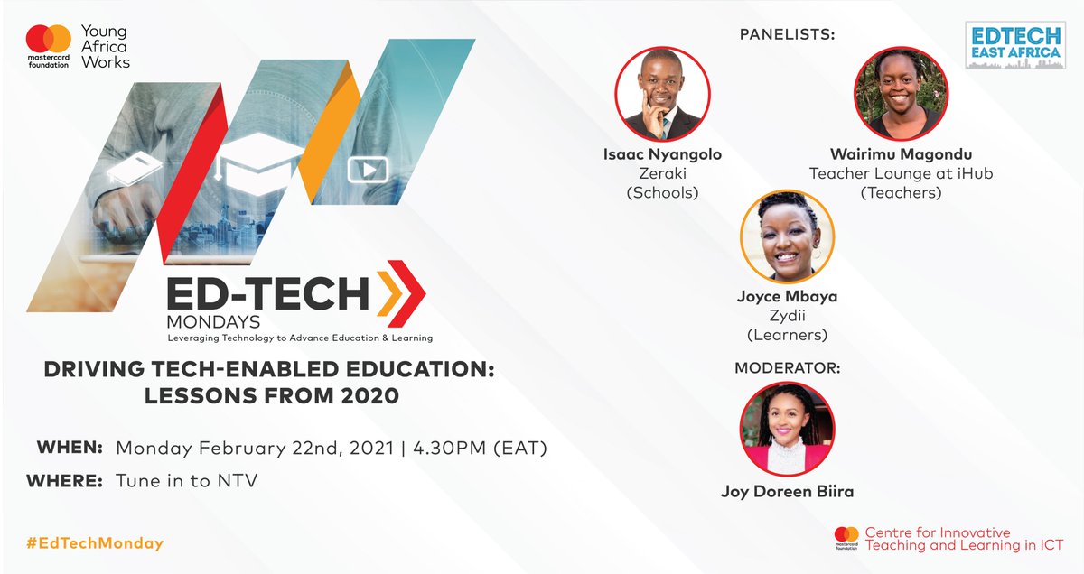 Edtech East Africa (@edtecheafrica) on Twitter photo 2020 provided a steep learning curve to the #Edtech space. #EdtechMondaysKE are back! Our first session for 2021 will be on Monday 22nd February. Let's tune in for an engaging discussion on Driving Tech-Enabled education lessons from 2020, moderated by <a href="/JoyDoreenBiira/">Joy Doreen BIIRA</a>. 2020 provided a steep learning curve to the #Edtech space. #EdtechMondaysKE are back! Our first session for 2021 will be on Monday 22nd February. Let's tune in for an engaging discussion on Driving Tech-Enabled education lessons from 2020, moderated by <a href="/JoyDoreenBiira/">Joy Doreen BIIRA</a>.