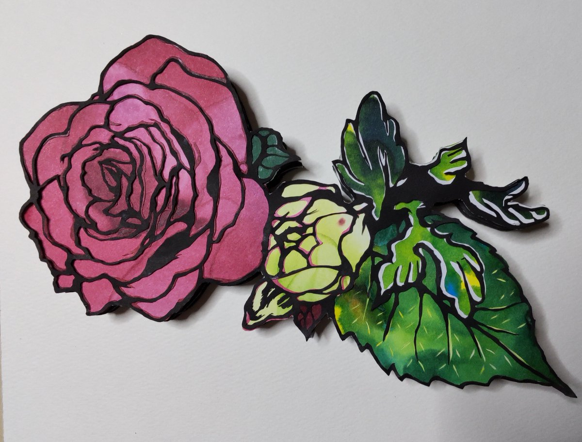 切り絵描き 川瀬雅子 まちゃこ 薔薇 ワークショップ用で作った図案が気に入ったので色を着けてシャドーボックス風に何層か重ねてみました 切り絵