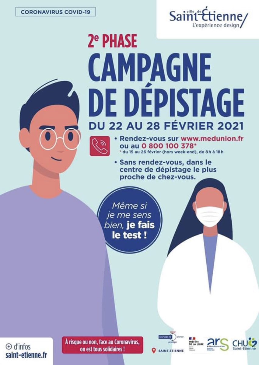 JeanMichelMIS's tweet photo. 😷 Tester, Alerter, Protéger 

 Le dépistage est le pilier de notre stratégie de lutte contre la #COVID19 : tester rapidement, c’est réduire la circulation du virus. 

Campagne de #dépistage à @saint_etienne_ du 22 au 28 février. 

Vous pouvez vous faire tester dans 12 lieux ⤵️⤵️ https://t.co/39XLNIrqYa