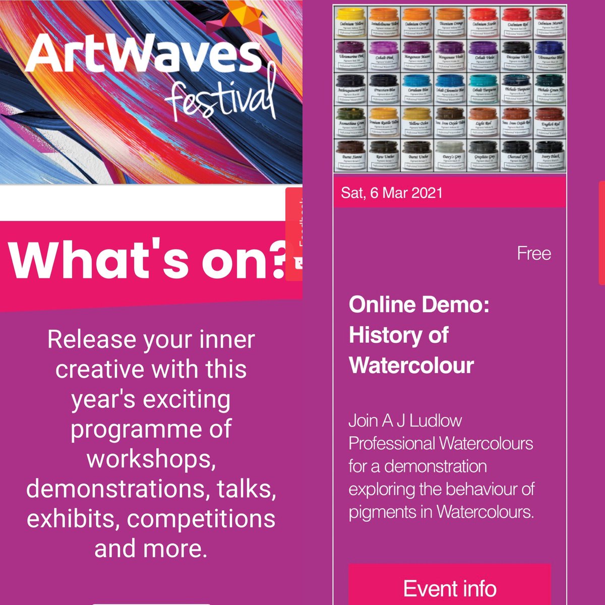 LudlowMeiru's tweet photo. A J Ludlow is proud to announce that we are supporting @artwavesfest Digital 2021 in March 2021. Interested in Art and Watercolour, watching A J Ludlow’s demo to gain an insights into Watercolour. #art #Watercolour #artwavefest #activity https://t.co/QvPz1Ia7DV