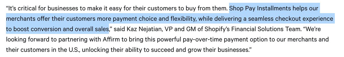 It's a Shop Pay product powered by Affirm, Shopify's words in press release are clear. If buyers could track pymts in Shop app, not Affirm app, (not sure how works) would be little value add for Affirm. +Seems like Shopify could cut Affirm out easily. Shop fintech team is 10/10.