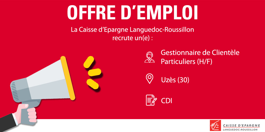 [ #Recrutement ] 🤝
La <a href="/CaissepargneLR/">Caisse d'Epargne Languedoc-Roussillon</a> recherche un(e) Gestionnaire de Clientèle Particuliers en #CDI pour son agence d'#Uzès ! Si vous avez une expérience dans le secteur Banque Assurances, le sens du service client et un bel esprit d'équipe, RDV ici 📲 recrutement.bpce.fr/emploi/uzes/ge…