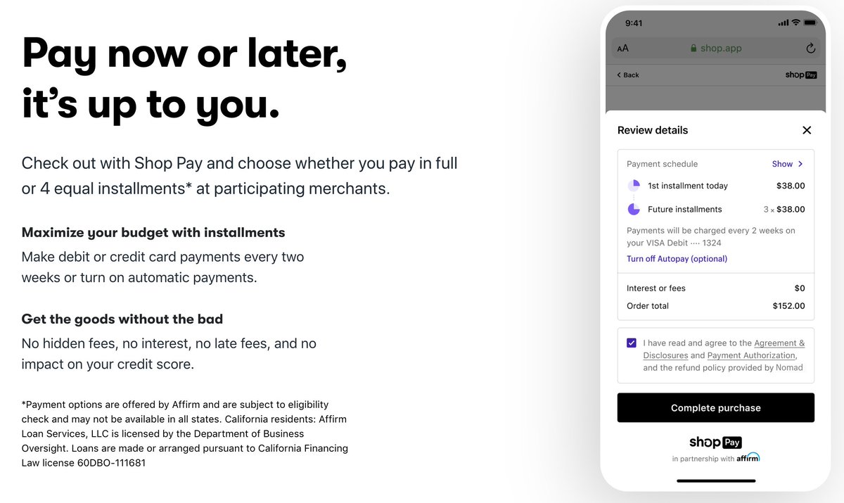 It's a Shop Pay product powered by Affirm, Shopify's words in press release are clear. If buyers could track pymts in Shop app, not Affirm app, (not sure how works) would be little value add for Affirm. +Seems like Shopify could cut Affirm out easily. Shop fintech team is 10/10.
