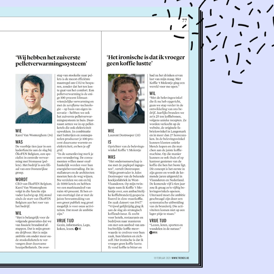 We nemen het schip over: twee van onze klanten, <a href="/okofen/">ÖkoFEN Belgium</a> en @koffietmolentje vind je deze week terug in @trends_be. Ontdek hun verhaal in de rubriek 'Mensen achter de cijfers'. Watch them shine! 🤩
#PR by #Wavemakers
