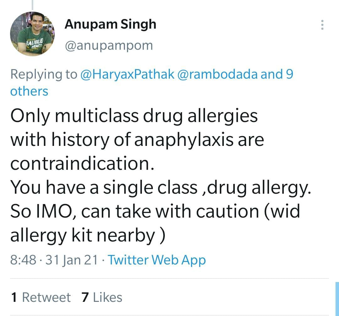 > For those having known allergies read these recommendations from senior doctors. @amitsurg  @abledoc  @anupampom  @ProfSomashekhar 7/n