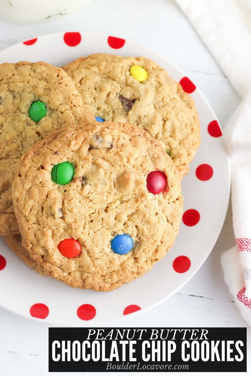 BoulderLocavore's tweet image. You'll love these jumbo Peanut Butter Chocolate Chip cookies! The three best cookies rolled into one! Peanut butter, chocolate chip and oatmeal complete with M&amp;amp;Ms on top. RECIPE: boulderlocavore.com/peanut-butter-…
