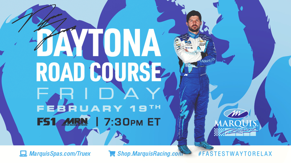 MarquisSpas's tweet image. TONIGHT!!! Help @Ryan_Truex keep the momentum going at 7:30 p.m. (ET) on FS1. Like and Retweet, and leave a comment below! #GoRyan #DaytonaRoadCourse #MarquisSpas #FastestWayToRelax