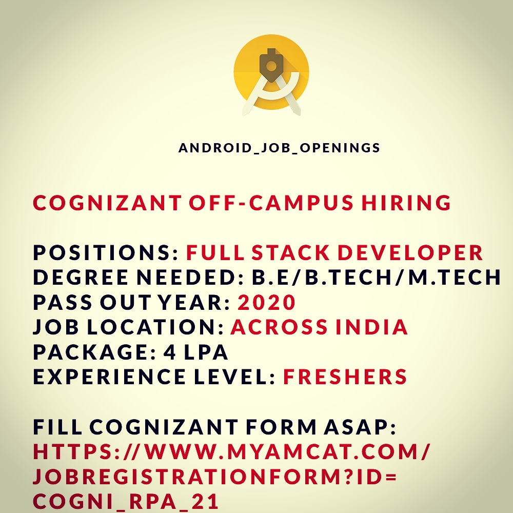 AndroidOpenings's tweet image. myamcat.com/jobRegistratio…

#fullstackdeveloper #freshers #freshers2k19🔥 #hiring #passout #jobsearch  #jobopenings #jobvacancy #jobsearching #jobinterview #jobfair #jobseeking #jobhunt #jobhunting  #jobsinindia #cognizant #amcat #opening #fresh #apply #applynow #freshers2020