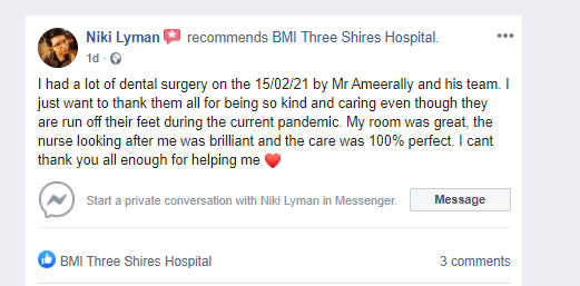 ThreeShiresHosp's tweet photo. Massive well done to the team and Mr Ameerally for getting a special mention and a personal recommendation from one of our patients. 
#FeedbackFriday #teamwork  #PatientExperience #PatientCare 

Find out more about Mr Ameerally, Oral &amp; Max surgeon here: https://t.co/QfFAyDxUd5 https://t.co/PHujjfBU0z
