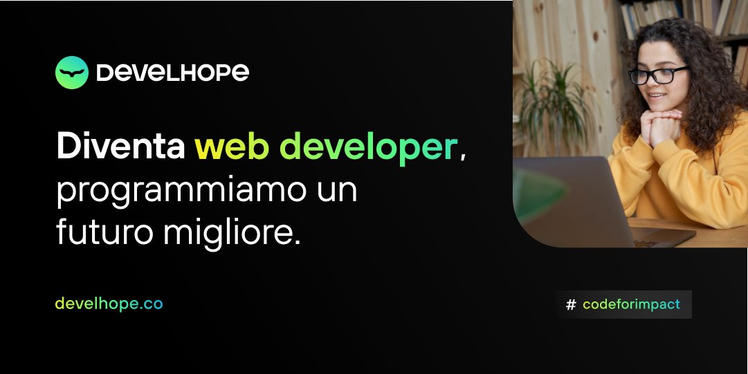 develhope's tweet photo. Riscriviamo il #futuro attraverso la scrittura di #codice.
Formiamo #webdevelopers al #SudItalia.
#online e senza costi d’iscrizione.
https://t.co/7LxDfrza6F
#develhope #codeforimpact #formazione #lavoro #coding #startup #innovazione https://t.co/hu4HVwgihU