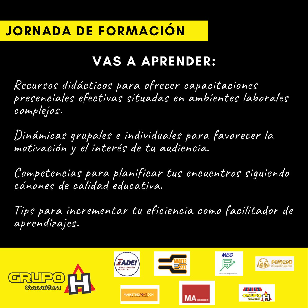 grupohconsultor's tweet photo. Una jornada de 3hs para aprender a dar capacitaciones en el puesto de trabajo.
Aprender a optimizar el tiempo y eficientizar el aprendizaje!
No te lo pierdas!!!!!
Inscripción: $300 ($200 miembros del club de beneficios)
https://t.co/m4TMuIZWiz https://t.co/vRrmU9RDpM