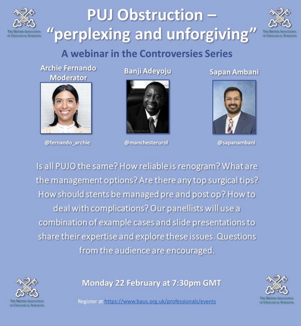 PUJ obstruction - ‘perplexing &amp; unforgiving’ with <a href="/sapanambani/">Sapan Ambani</a> <a href="/manchesterurol/">Manchester Urology</a> &amp; <a href="/fernando_archie/">Archie Fernando </a> on 22nd Feb 19:30 GMT ow.ly/rDcV50DCLOW