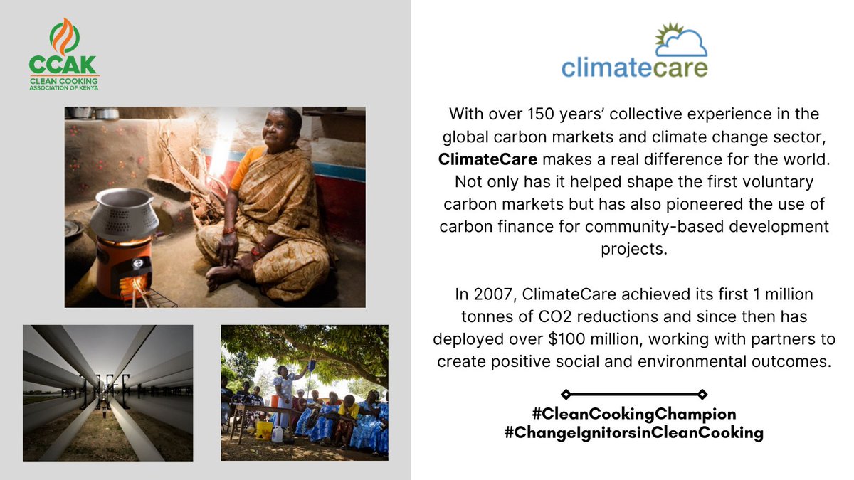 CleanCookingKe's tweet photo. @ClimateCare source, structures, develops and delivers large-scale emission reductions for governments and organisations, helping them meet their compliance obligations.
#CleanCookingChampion
#SDGs
#ChangeIgnitorsinCleanCooking https://t.co/1tEBkKb2q1